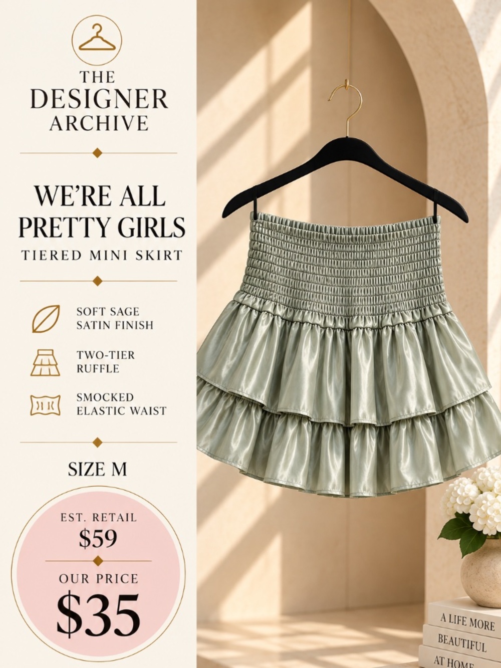 We’re All Pretty Girls Sage Satin Tiered Ruffle Mini Skirt Size M
